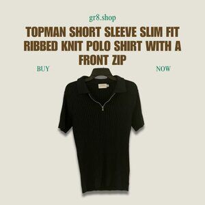 Topman Black Short Sleeve Slim Fit Ribbed Knit Polo Shirt W/Front Zip Medium